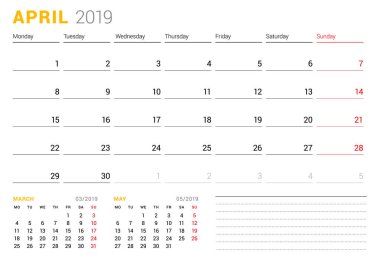 Takvim şablonu Ocak 2019. İş planlayıcısı. İleti örneği tasarımı. Hafta Pazartesi günü başlar. 2 ay sayfasında. Vektör çizim
