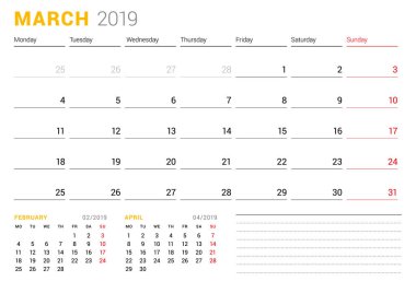 Takvim şablonu Mart 2019. İş planlayıcısı. İleti örneği tasarımı. Hafta Pazartesi günü başlar. 2 ay sayfasında. Vektör çizim