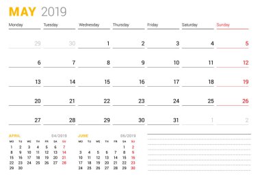 Takvim şablonu Mayıs 2019. İş planlayıcısı. İleti örneği tasarımı. Hafta Pazartesi günü başlar. 2 ay sayfasında. Vektör çizim