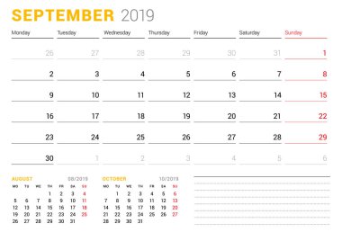 Takvim şablonu Eylül 2019. İş planlayıcısı. İleti örneği tasarımı. Hafta Pazartesi günü başlar. 2 ay sayfasında. Vektör çizim