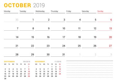 Takvim şablonu Ekim 2019. İş planlayıcısı. İleti örneği tasarımı. Hafta Pazartesi günü başlar. 2 ay sayfasında. Vektör çizim