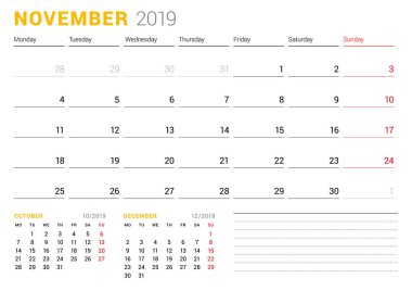 Takvim şablonu Kasım 2019. İş planlayıcısı. İleti örneği tasarımı. Hafta Pazartesi günü başlar. 2 ay sayfasında. Vektör çizim