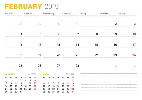 Szablon Kalendarza Dla Lutego 2019 Planowania Biznesu Projektowanie Papeterii Tydzień — Wektor stockowy