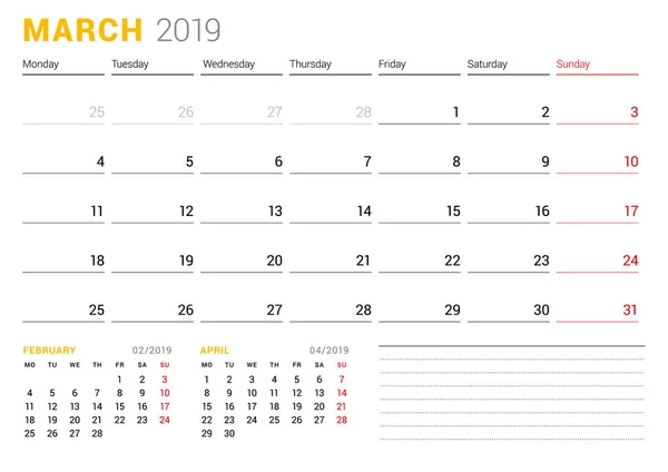 Modèle Calendrier Pour Mars 2019 Planificateur Entreprise Conception Papeterie Semaine — Image vectorielle