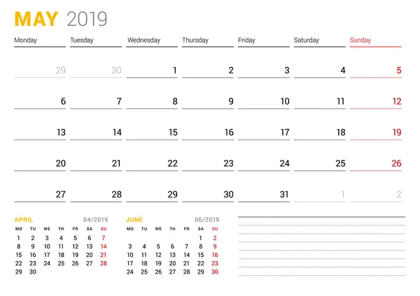 Szablon Kalendarza Dla Maja 2019 Planowania Biznesu Projektowanie Papeterii Tydzień — Wektor stockowy