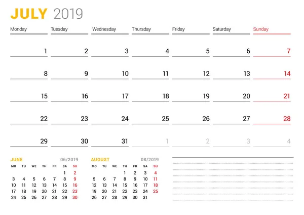 Шаблон Календаря Июль 2019 Года Канцелярский Дизайн Неделя Начинается Понедельник — стоковый вектор