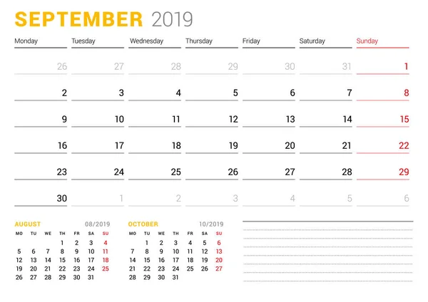 Plantilla Calendario Para Septiembre 2019 Planificador Negocios Diseño Papelería Semana — Vector de stock