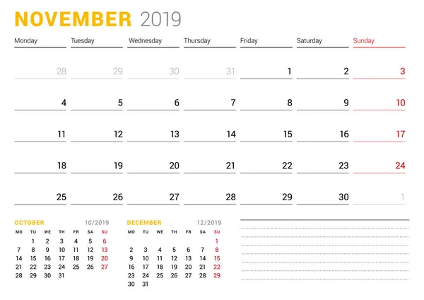 Plantilla Calendario Para Noviembre 2019 Planificador Negocios Diseño Papelería Semana — Vector de stock