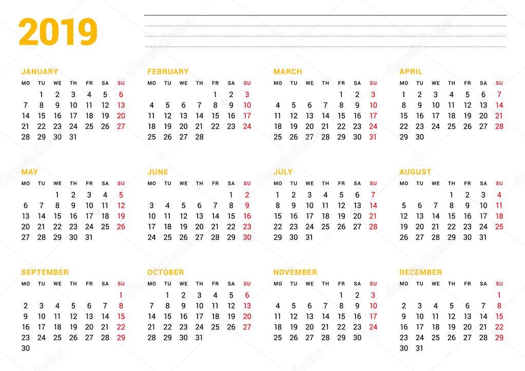 Calendar template for 2019 year. Stationery design. Week starts on Monday. 12 Months on the page. Vector illustration