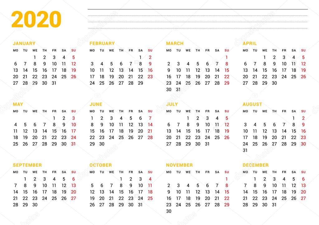 Calendar template for 2020 year. Stationery design. Week starts on Monday. 12 Months on the page. Vector illustration