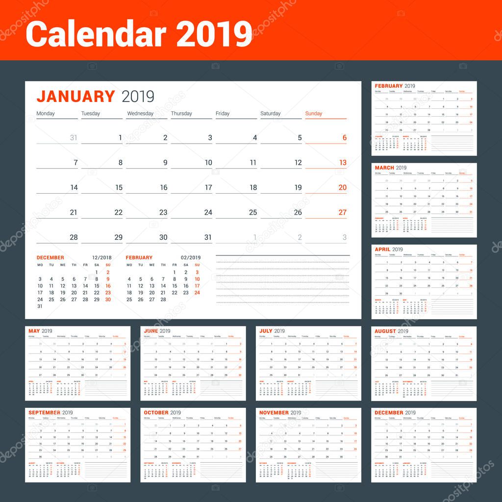 Calendar template for 2019 year. Business planner. Stationery design. Week starts on Monday. Vector illustration