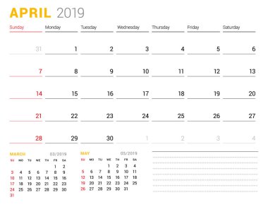 Takvim şablonu Nisan 2019. İş planlayıcısı. İleti örneği tasarımı. Hafta Pazar günü başlar. 2 ay sayfasında. Vektör çizim