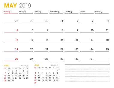 Takvim şablonu Mayıs 2019. İş planlayıcısı. İleti örneği tasarımı. Hafta Pazar günü başlar. 2 ay sayfasında. Vektör çizim