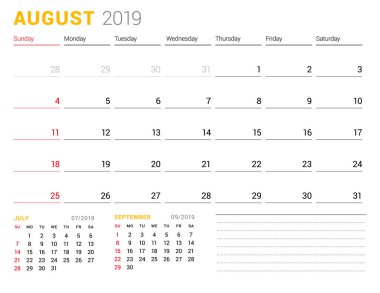 Takvim şablonu Ağustos 2019. İş planlayıcısı. İleti örneği tasarımı. Hafta Pazar günü başlar. 2 ay sayfasında. Vektör çizim