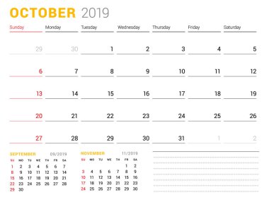 Takvim şablonu Ekim 2019. İş planlayıcısı. İleti örneği tasarımı. Hafta Pazar günü başlar. 2 ay sayfasında. Vektör çizim