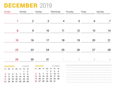 Takvim şablonu Aralık 2019. İş planlayıcısı. İleti örneği tasarımı. Hafta Pazar günü başlar. 2 ay sayfasında. Vektör çizim