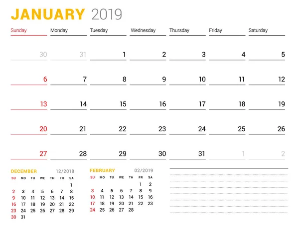 Modelo Calendário Para Janeiro 2019 Planejador Negócios Design Papelaria Semana —  Vetores de Stock