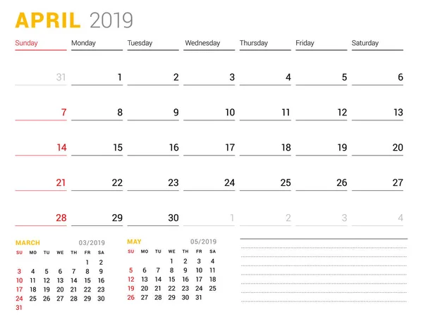 Modèle Calendrier Pour Avril 2019 Planificateur Entreprise Conception Papeterie Semaine — Image vectorielle
