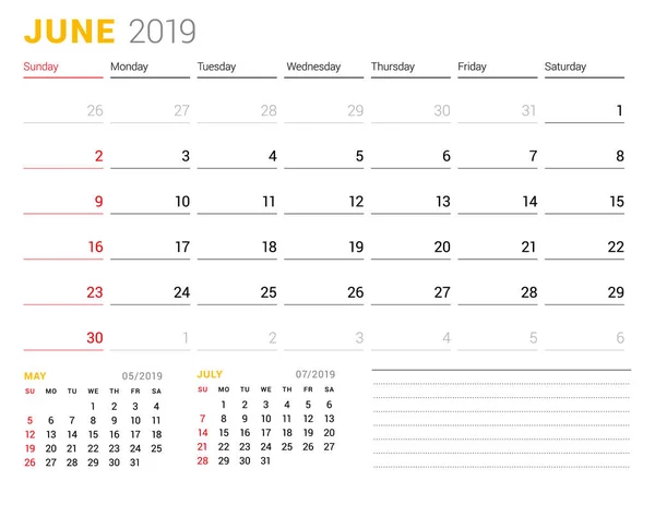 Modèle Calendrier Pour Juin 2019 Planificateur Entreprise Conception Papeterie Semaine — Image vectorielle