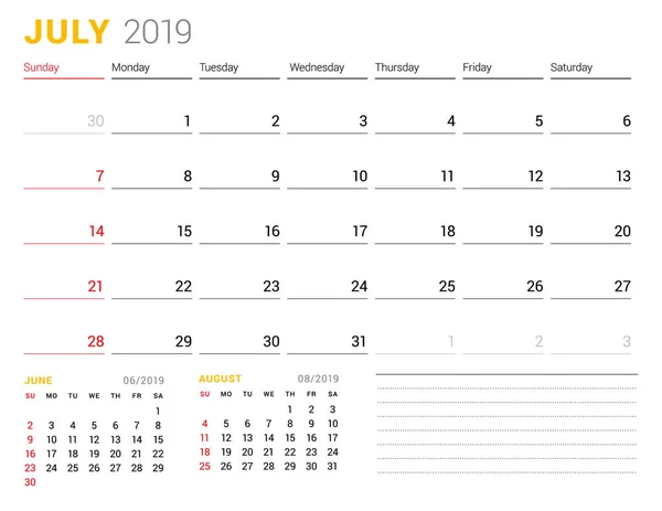 Modèle Calendrier Pour Juillet 2019 Planificateur Entreprise Conception Papeterie Semaine — Image vectorielle