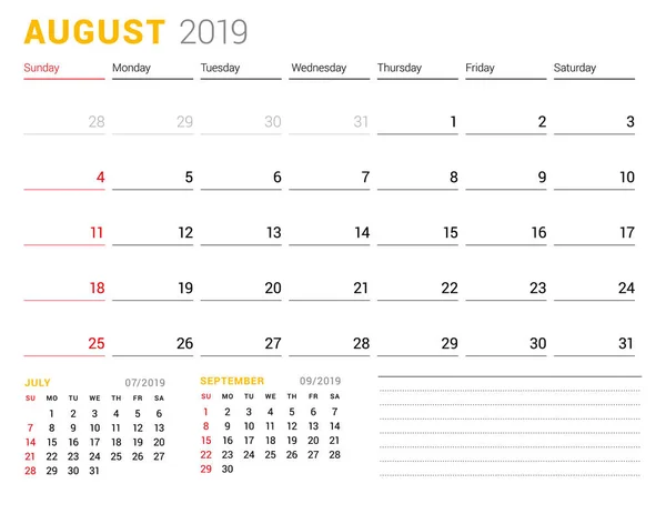 Шаблон Календаря Август 2019 Года Канцелярский Дизайн Неделя Начинается Воскресенье — стоковый вектор