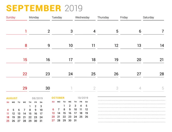 Szablon Kalendarza Dla September2019 Planowania Biznesu Projektowanie Papeterii Tydzień Rozpoczyna — Wektor stockowy