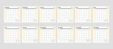 Takvim şablonu 2019 yıl için. 12 ay kümesi. Ocak, Şubat, Mart, Nisan, Mayıs, Haziran, Temmuz, Ağustos, Eylül, Ekim, Kasım, Aralık. İleti örneği tasarım