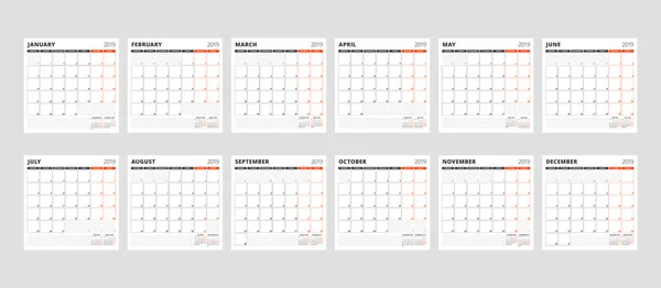 Modello Calendario Anno 2019 Set Mesi Gennaio Febbraio Marzo Aprile — Vettoriale Stock