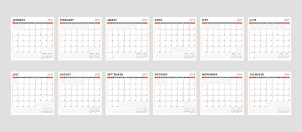 Modelo Calendário Para 2019 Ano Conjunto Meses Janeiro Fevereiro Março —  Vetores de Stock