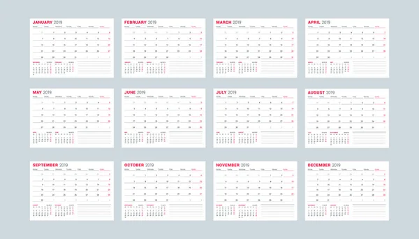 Modèle Calendrier Pour 2019 Année Ensemble Mois Janvier Février Mars — Image vectorielle