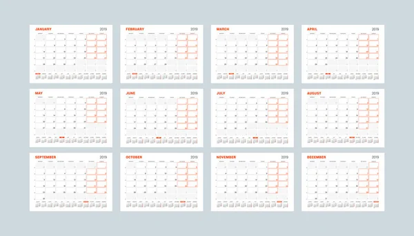2019 年のカレンダー テンプレートです 月のセット 月します 文具デザイン — ストックベクタ