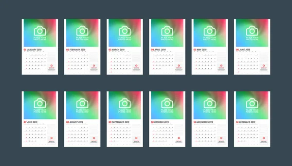 2019年日历模板 设置为12个月 10月 11月 12月 文具设计 — 图库矢量图片