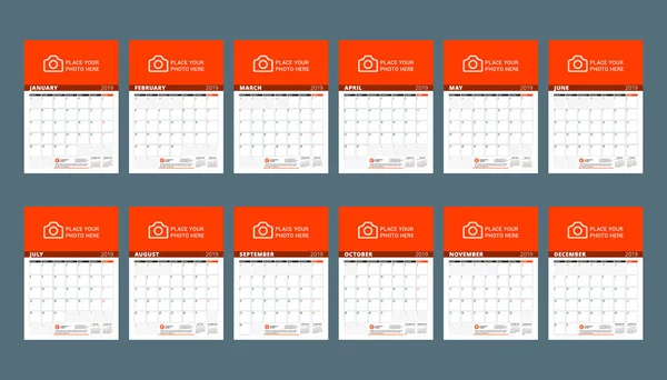 Modelo Calendário Para 2019 Ano Conjunto Meses Janeiro Fevereiro Março —  Vetores de Stock