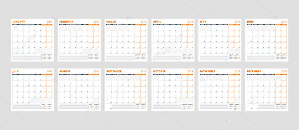 Calendar template for 2019 year. Set of 12 months. January, February, March, April, May, June, July, August, September, October, November, December. Stationery design