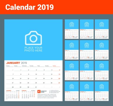 Duvar takvimi 2019 yıl için. Vektör tasarım yazdırma şablonu. Hafta Pazartesi günü başlar. 12 ay kümesi