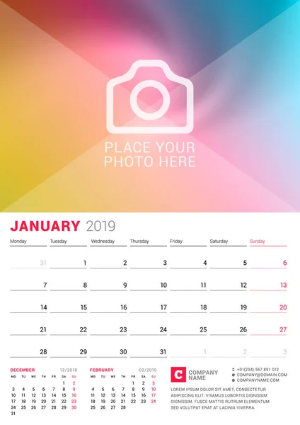 Calendário Parede Para Janeiro 2019 Modelo Impressão Design Vetorial Com —  Vetores de Stock