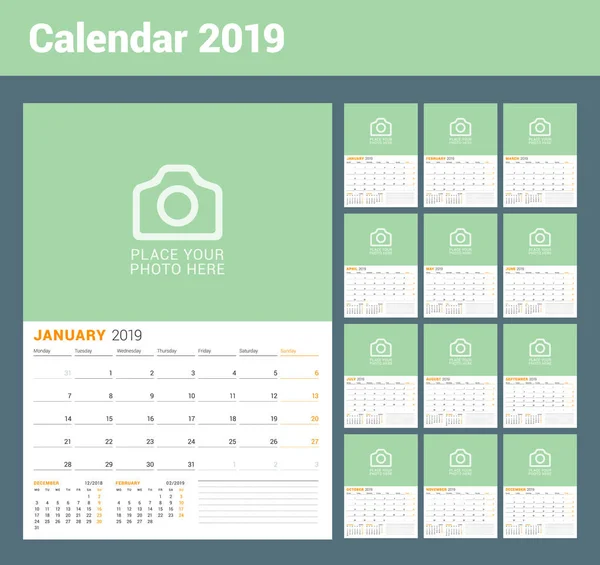Calendário Parede Para 2019 Ano Modelo Impressão Design Vetorial Semana —  Vetores de Stock