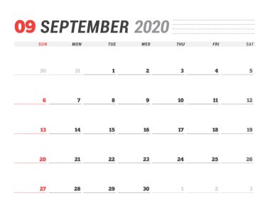 Eylül 2020 için takvim şablonu. İş planlayıcısı. Kırtasiye tasarımı. Hafta Pazar günü başlar