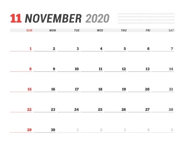 Naptár mintadeszka részére november 2020. Üzleti tervező. Levélpapír tervezése. A hét vasárnaponként kezdődik — Stock Vector