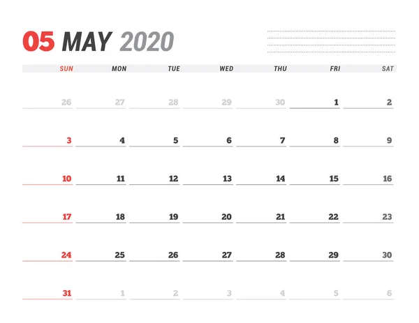 Kalendermall för maj 2020. Business Planner. Brevpapper design. Vecka startar på söndag — Stock vektor