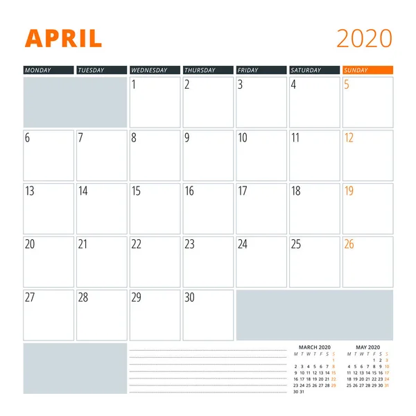 Calendar for April 2020. Stationery design template. Vector illustration — Stock Vector