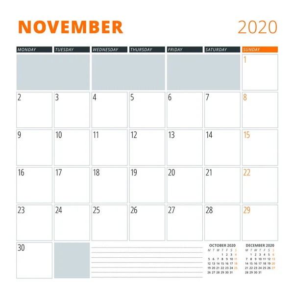 Calendrier pour novembre 2020. Modèle de conception de papeterie. Illustration vectorielle — Image vectorielle