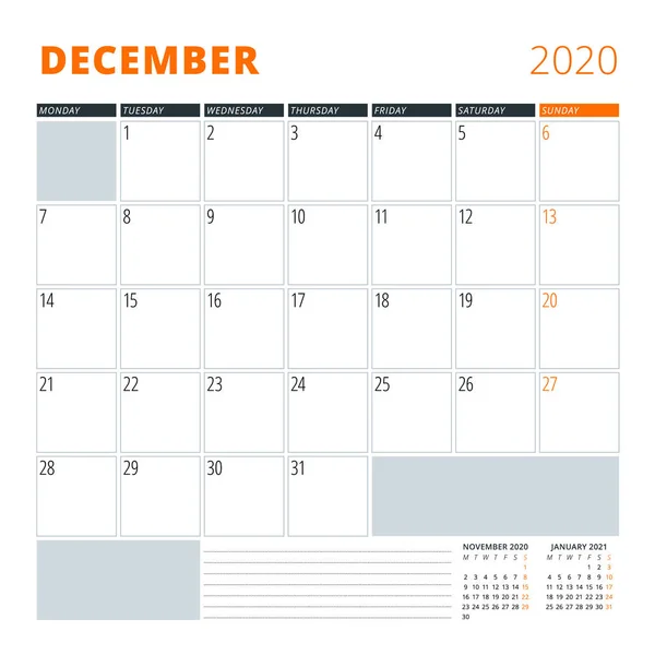 Calendar for December 2020. Stationery design template. Vector illustration — Stock Vector