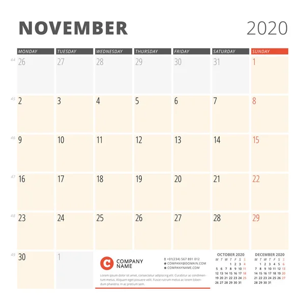 Calendar planner for November 2020. Stationery design template. Week starts on Monday. 3 months on the page. Vector illustration — Stock Vector