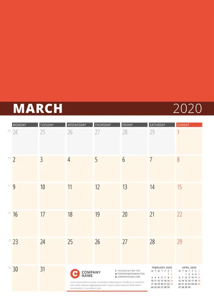 Wall Calendar Planner for 2020 Year. Vector Design Print Template with Place for Photo. Week Starts on Monday. 3 Months on Page. March 2020 — Stock Vector