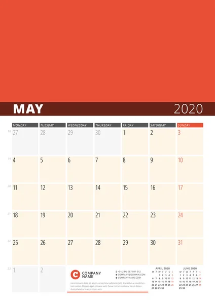 Προγραμματιστής ημερολόγιο τοίχου για 2020 έτος. Πρότυπο εκτύπωσης διανυσματικού σχεδιασμού με θέση για φωτογραφία. Η εβδομάδα ξεκινά τη Δευτέρα. 3 μήνες στη σελίδα. 2020 Μαΐου — Διανυσματικό Αρχείο