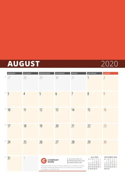 Wall Calendar Planner for 2020 Year. Vector Design Print Template with Place for Photo. Week Starts on Monday. 3 Months on Page. August 2020 — Stock Vector