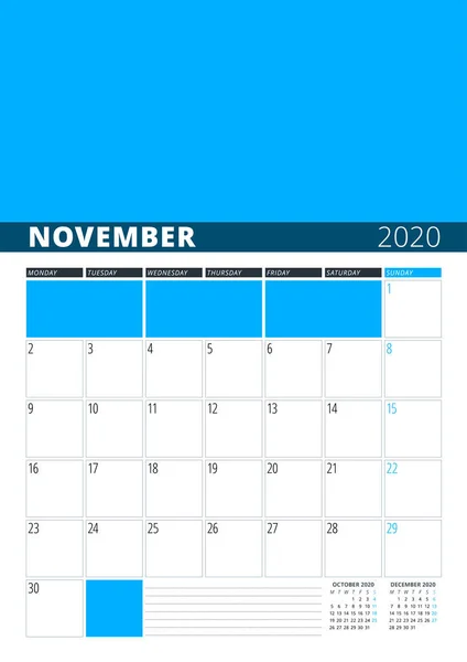 Pianificatore calendario da parete per novembre 2020. Modello di stampa vettoriale con luogo per la foto. La settimana inizia lunedì. 3 mesi a pagina — Vettoriale Stock