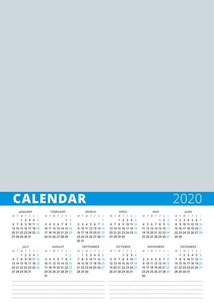 Kalenderplakat des Jahres 2020. Vektor Design Druckvorlage mit Platz für Foto. Woche beginnt am Montag. — Stockvektor