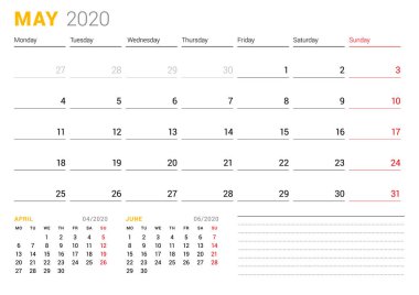 Mayıs 2020 için takvim şablonu. İş planlayıcısı. Kırtasiye tasarımı. Hafta Pazartesi günü başlar. Vektör çizimi